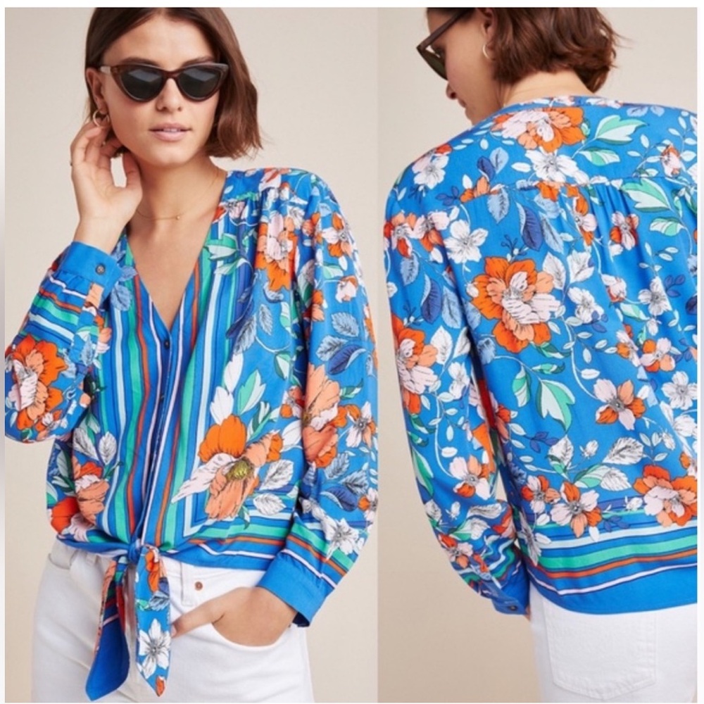 Maeve Anthropologie Women’s Elan Scarf Floral Print Blouse Blue Tie Waist - Picture 3 of 3